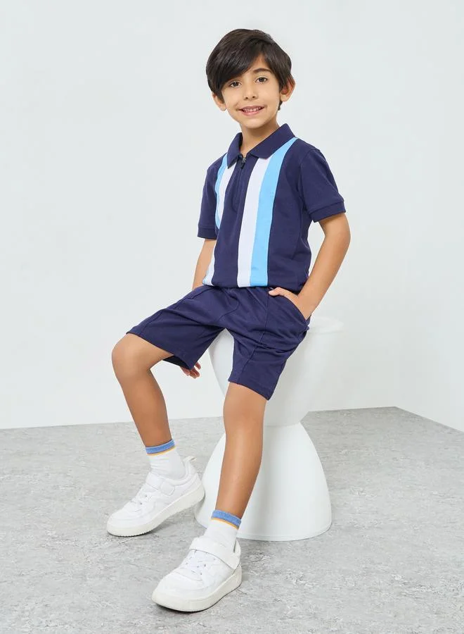 Styli Boys Navy Color Block Polo and Shorts Set
